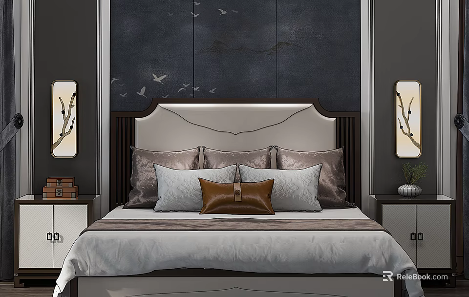 Double Bed With Beige Headboard Dark Wall Flying Birds And Branch Lamps In Bedroom 3d model 