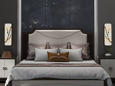 Double Bed With Beige Headboard Dark Wall Flying Birds And Branch Lamps In Bedroom 3d model