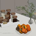 Glass Tableware Set with Jars with Wooden Lids Tray and Fruit Bowl on Marble Countertop