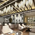 Traditional Chinese Restaurant Interior With Wooden Ceiling Hanging Lanterns Decorative Vases And Lotus Plants