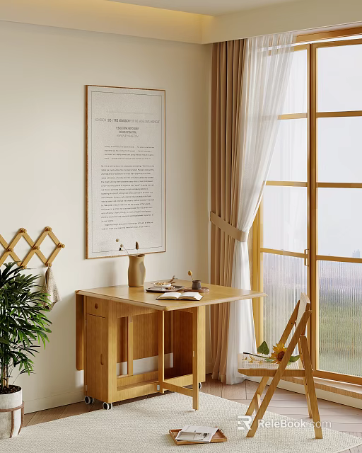 Simple Style Restaurant Interior With Wooden Furniture Large Window Curtains Potted Plant And Wall Art 3d model 