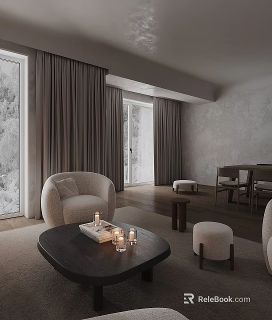 Elegant Minimalist Neutral Toned Living Room With Soft Armchairs Dark Coffee Table And Long Curtains 3d model 