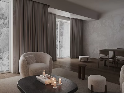 Elegant Minimalist Neutral Toned Living Room With Soft Armchairs Dark Coffee Table And Long Curtains 3d model