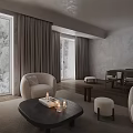 Elegant Minimalist Neutral Toned Living Room With Soft Armchairs Dark Coffee Table And Long Curtains