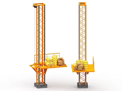 Two Yellow Industrial Tower Cranes Featuring Platforms with Stacked Cylindrical and Square Materials 3d model