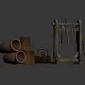 Vintage Agricultural Equipment with Wooden Tool Rack Hanging Tools Clay Pots and Crate