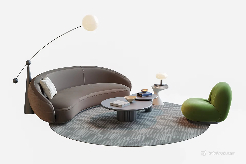 Curved Gray Sofa Round Coffee Table Set with Green Accent Chair Floor Lamp Geometric Rug 3d model 