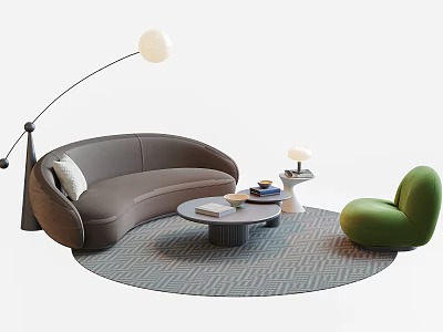 Curved Gray Sofa Round Coffee Table Set with Green Accent Chair Floor Lamp Geometric Rug 3d model