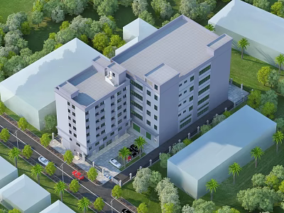 Aerial Planning View of Multi Story Urban Complex With Trees Roads And Parked Vehicles 3d model