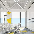Modern Meeting Room Interior With Geometric Ceiling Yellow Accents White Chairs And Projection Screen