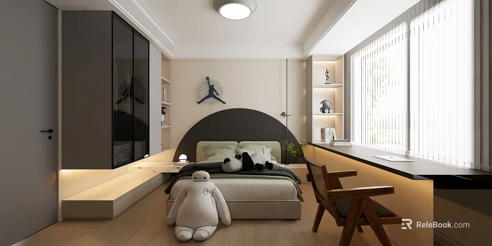 Modern Kids Room Interior Design With Arch Bed Stuffed Toy Bookshelves And Window Blinds 3d model 