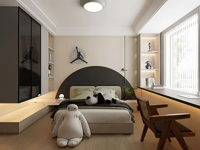 Modern Kids Room Interior Design With Arch Bed Stuffed Toy Bookshelves And Window Blinds 3d model