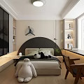 Modern Kids Room Interior Design With Arch Bed Stuffed Toy Bookshelves And Window Blinds