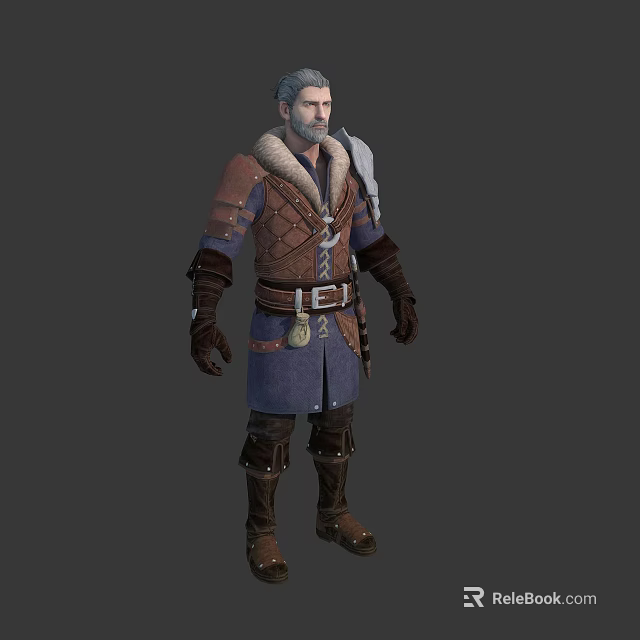 Gray Haired Male Fantasy Character Wearing Brown Blue Outfit With Leather Belt and Boots 3d model 