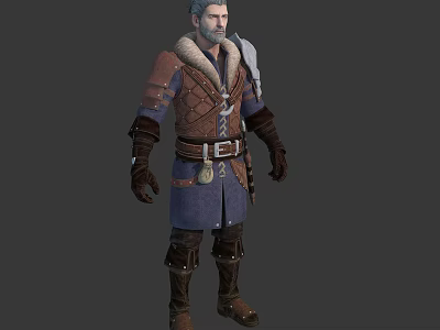 Gray Haired Male Fantasy Character Wearing Brown Blue Outfit With Leather Belt and Boots 3d model
