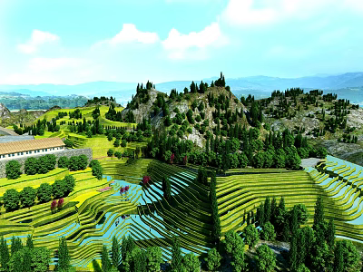 Picturesque Mountain Landscape with Lush Rice Terraces Green Trees Blue Sky and White Clouds 3d model