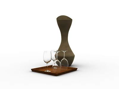 Elegant Brown Wine Bottle And Wine Glasses On Wooden Tray Against White Background 3d model