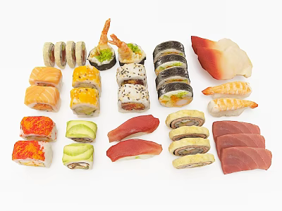 Assorted Sushi Platter With Salmon Rolls Tuna Sashimi Shrimp Nigiri And Avocado Maki 3d model