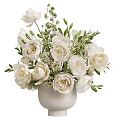 Elegant White Flowers Arrangement In White Vase With Green Leaves And Small Blossoms
