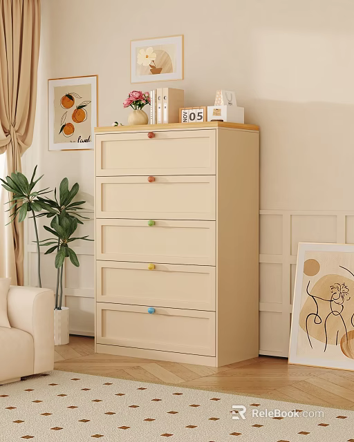 Beige Chest of Drawers with Colorful Knobs and Decorative Items in Living Room with Plant 3d model 