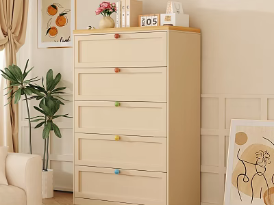 Beige Chest of Drawers with Colorful Knobs and Decorative Items in Living Room with Plant 3d model