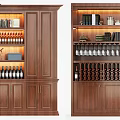 Elegant Wooden Wine Cabinet With Wine Racks Glass Holders Warm Lighting And Peacock Painting