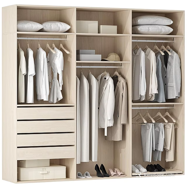 Modern Minimalist Wardrobe Interior With Hanging Clothes Drawers And Shelves 3d model 