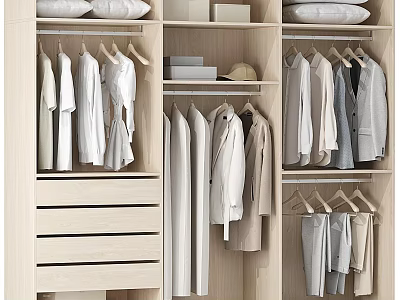 Modern Minimalist Wardrobe Interior With Hanging Clothes Drawers And Shelves 3d model
