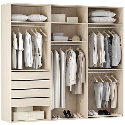 Modern Minimalist Wardrobe Interior With Hanging Clothes Drawers And Shelves 3d model
