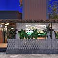 Charming Commercial Street With Outdoor Seating Decorative Lights And Green Plants At Night