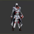 White And Red Hooded Character In Outfit With Sword And Falcon Companion