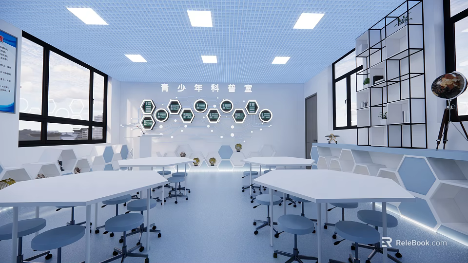 School Youth Science Room Interior With White Tables Chairs Hexagonal Decorations And Shelves 3d model 