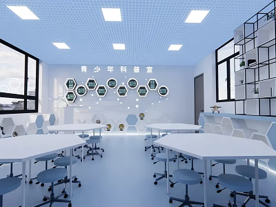 School Youth Science Room Interior With White Tables Chairs Hexagonal Decorations And Shelves 3d model
