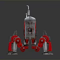 Red And White Mechanical Robot Structure With Tracked Wheels And Top Exhaust Pipe
