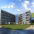 Multi Story Modern School Building With Glass Windows Green Lawn And Student Area