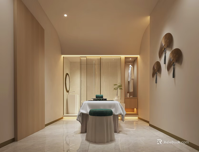 Relaxing SPA Sauna Interior With Massage Table Soft Lighting And Decorative Fans 3d model 
