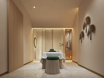 Relaxing SPA Sauna Interior With Massage Table Soft Lighting And Decorative Fans 3d model