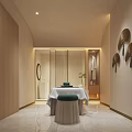 Relaxing SPA Sauna Interior With Massage Table Soft Lighting And Decorative Fans