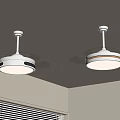 Two Modern White Ceiling Chandeliers With Fan Blades In Room With Window Blinds