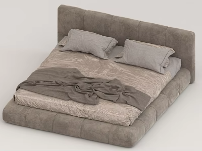 Modern Double Bed With Upholstered Headboard Gray Pillows And Cozy Blanket 3d model