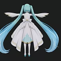 Woman With Turquoise Long Hair And Blue White Dress Wearing Flower Accessory Arms Outstretched