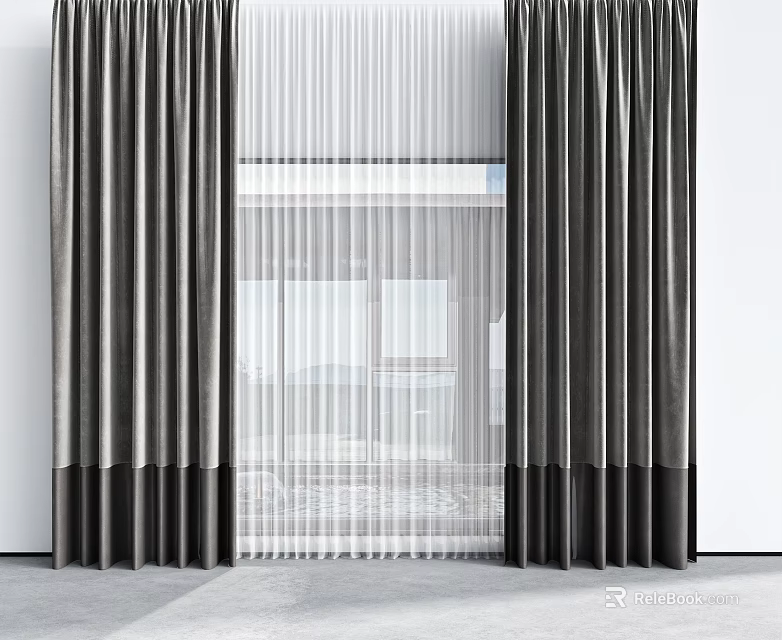 Modern Dark Thick Curtains With Sheer Panel For Window Decoration 3d model