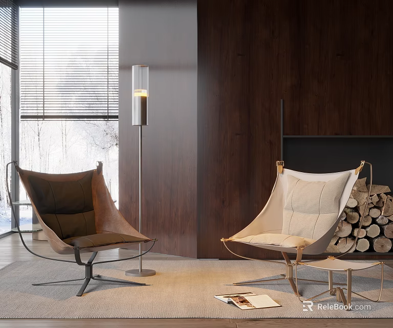 Modern Cozy Leisure Sofa Set With Brown Beige Chairs Side Table And Wooden Wall 3d model 