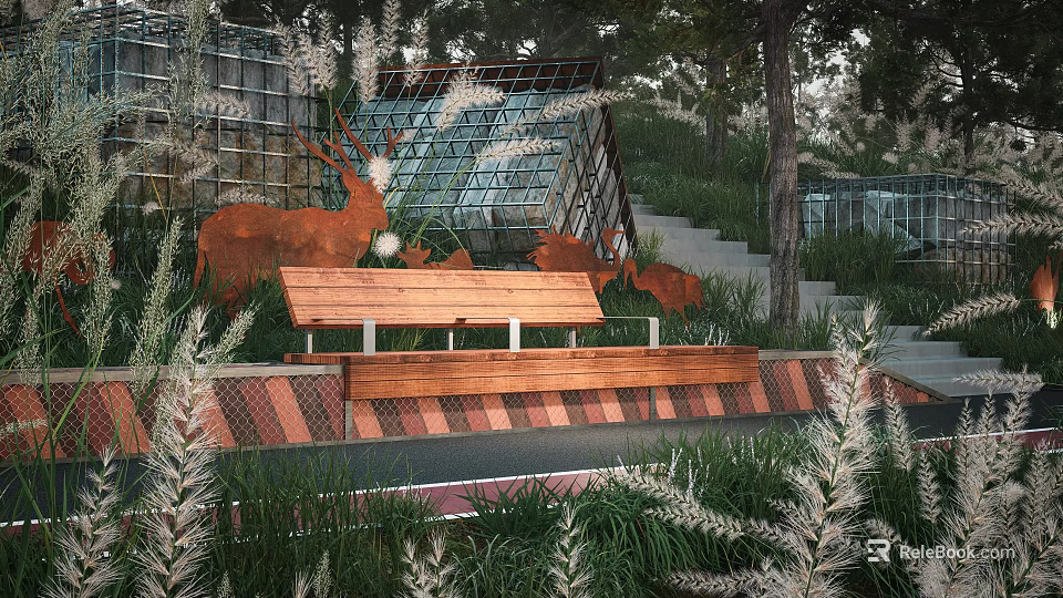 Wooden Landscape Bench With Deer Sculptures Pampas Grass Steps And Glass Structure In Garden 3d model 