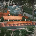 Wooden Landscape Bench With Deer Sculptures Pampas Grass Steps And Glass Structure In Garden