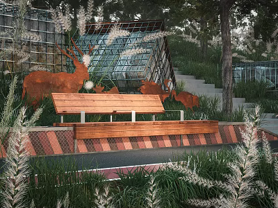 Wooden Landscape Bench With Deer Sculptures Pampas Grass Steps And Glass Structure In Garden 3d model