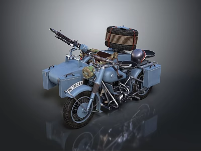 Classic Vintage Military Style Motorcycle With Sidecar Gun And Wicker Luggage 3d model