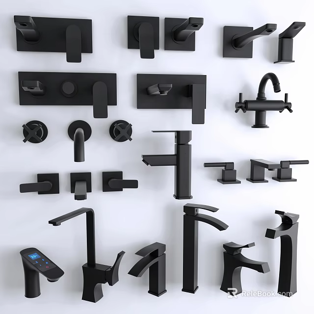 Black Bathroom And Kitchen Faucets With Various Modern Design Styles 3d model 