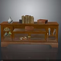Wooden TV Stand With Glass Doors And Decorations Including White Vase Books Red Box