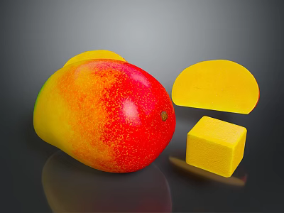 Fresh Ripe Mango With Sliced And Cubed Pieces On Dark Background 3d model